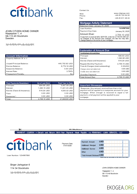 Relevé hypothécaire de la Citibank suédoise aux formats Word et PDF